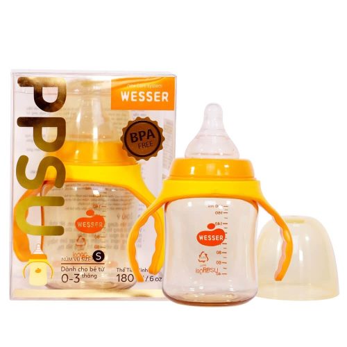 Bình sữa cho bé Wesser nhựa PPSU cổ rộng có tay cầm 180ml