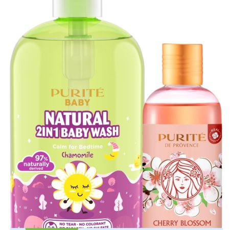 Combo Sữa Tắm Gội Thiên Nhiên Cúc La Mã cho bé+ Sữa Tắm Sáng Mịn Hoa Anh Đào Purite