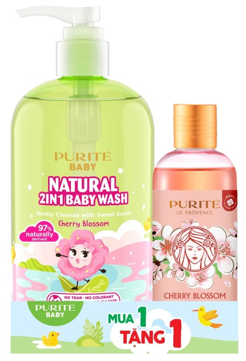 Combo Sữa Tắm Gội + Sữa Tắm Sáng Mịn Thiên Nhiên Hoa Anh Đào Purite